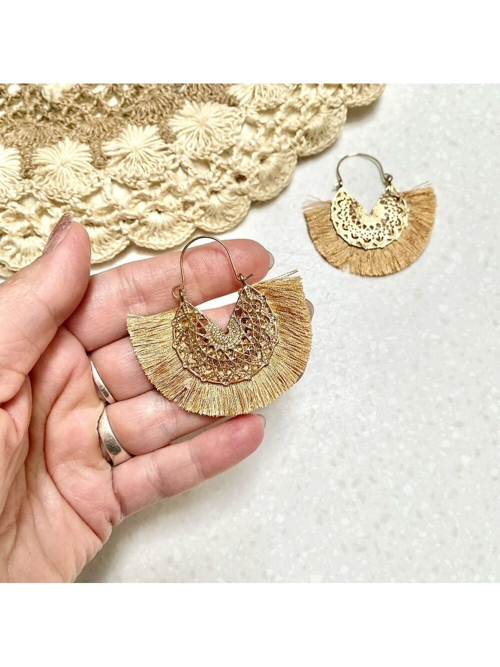 BOHO Fringe dusty copper colour w gold-summer tassel earrings Gypsy/hippy vibe